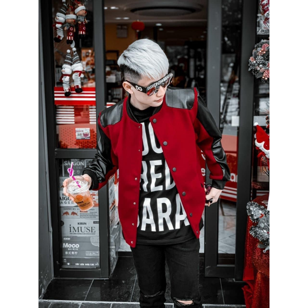 Áo Bomber Phối Vai Da, áo khoác phong cách Hoàng gia phối tay da hàn quốc trẻ trung năng động