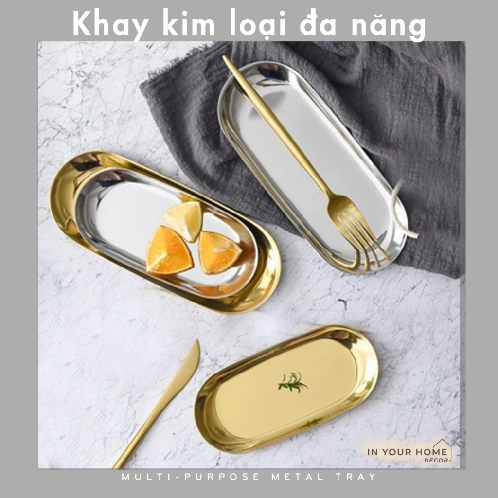 Khay kim loại inox vàng đựng mỹ phẩm thức ăn trang sức decor trang trí bằng thép không gỉ