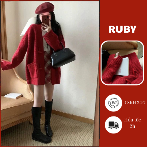 Áo Cardigan Len Đỏ Ruby Có Khuy Cài