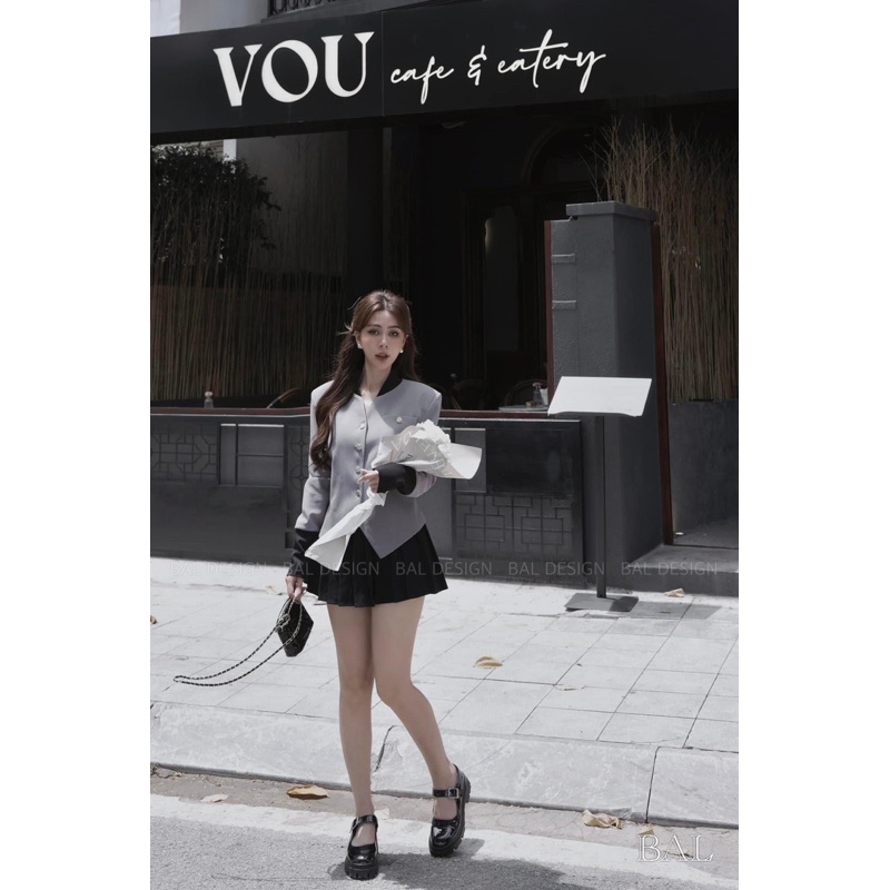 Set Áo Vest Cổ Tàu Phối Chân Váy Xếp Ly