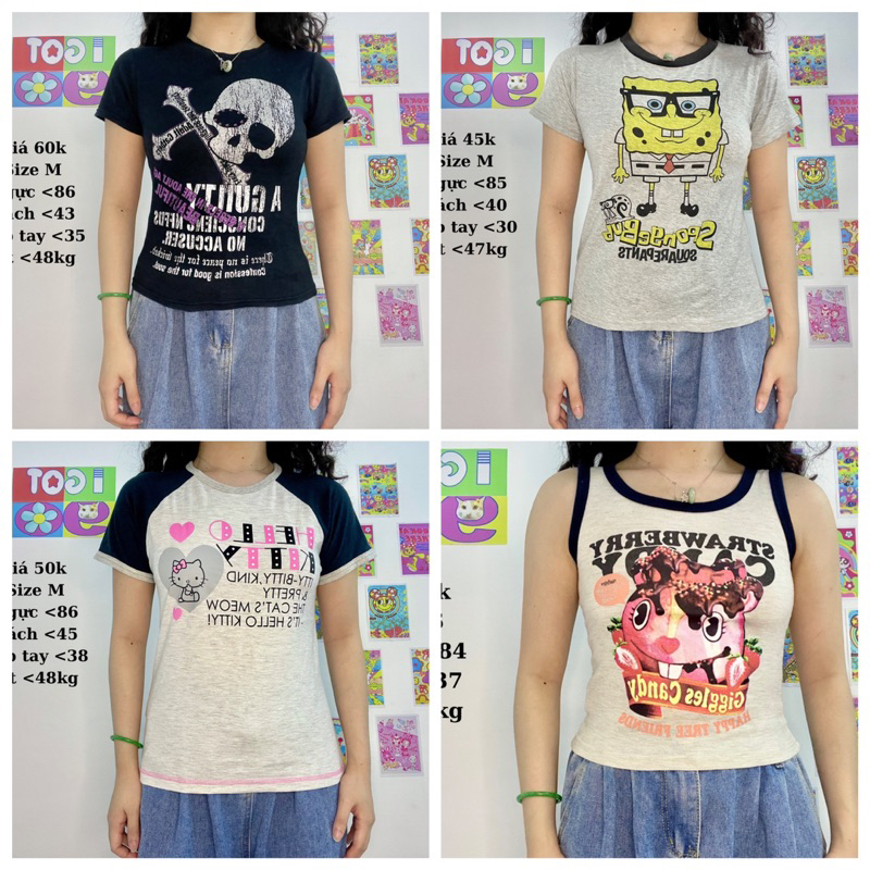 Áo baby tee 2hand, đầu lâu, Hello kitty