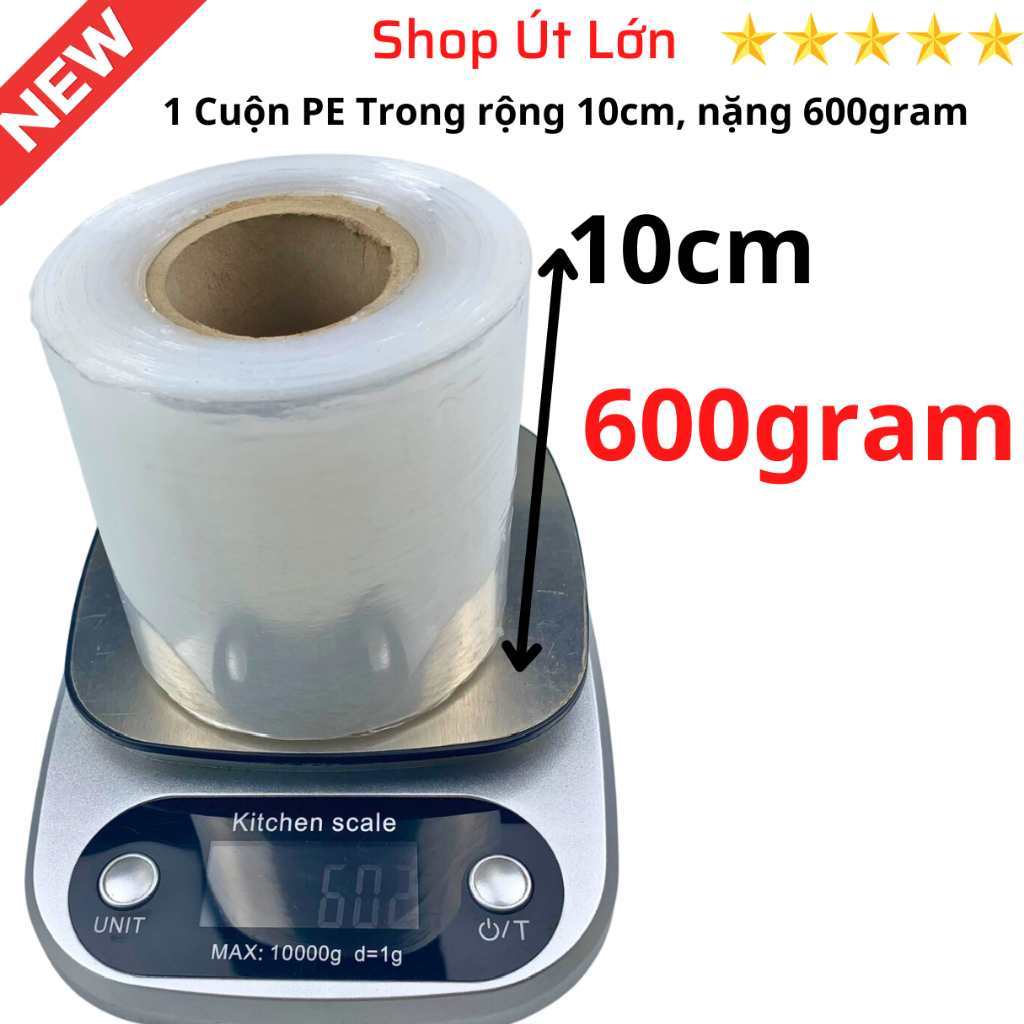 Màng PE trong 10cm, trọng lượng 400gram - 600gram, lõi giấy 55gram