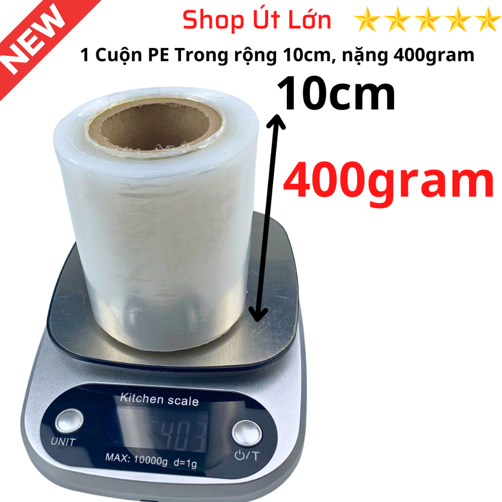 Màng PE trong 10cm, trọng lượng 400gram - 600gram, lõi giấy 55gram
