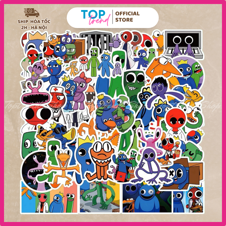 Set 10/60  Sticker Rainbow Friends chống thấm nước, miếng dán trang trí sổ, mũ bảo hiểm, điện thoại, laptop - Toptrend