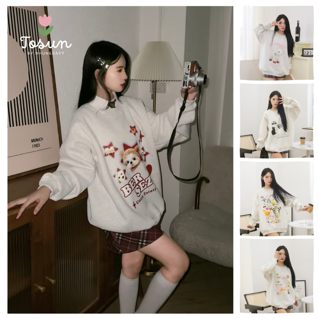 Áo sweater nỉ bông form rộng unisex xám tiêu nhiều hình dễ thương TOSUN S01