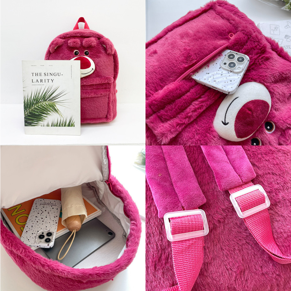 Balo gấu dâu size lớn lông mịn cao cấp, Balo đeo vai đi học Lotso dễ thương _ TingTing