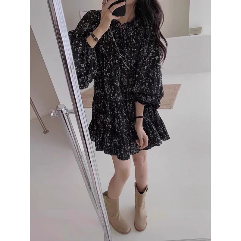 Đầm hoa nhí babydoll dài tay nhún li vai cổ buộc nơ 2 lớp