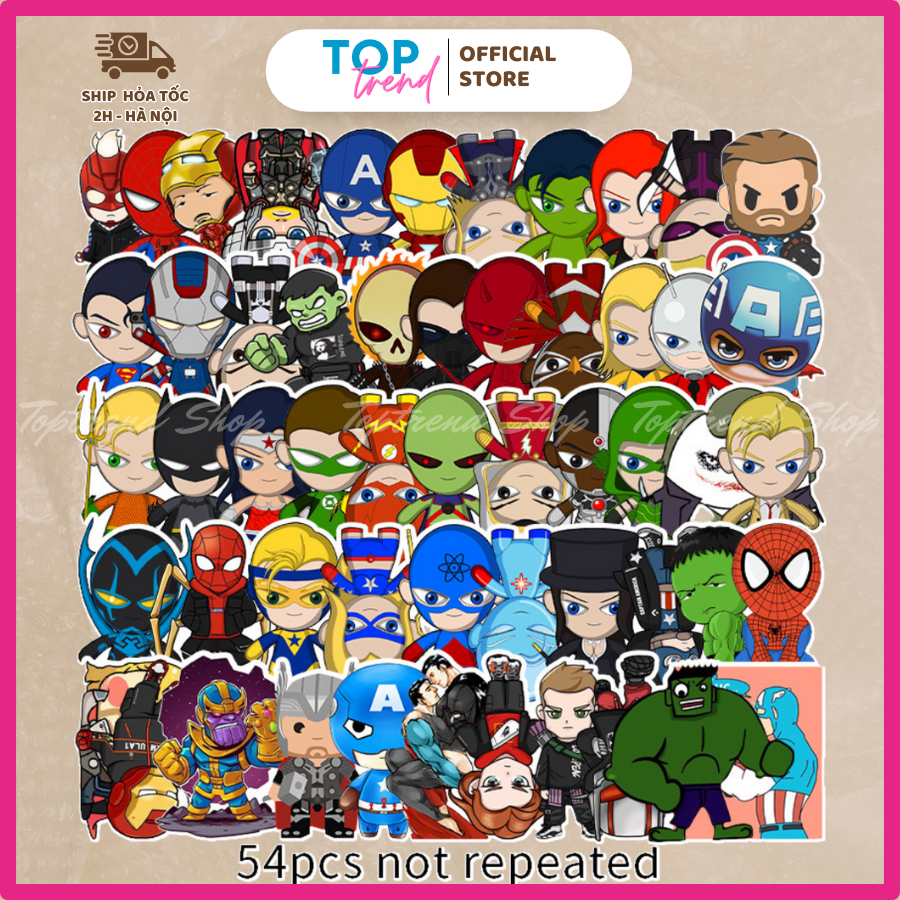 Sticker cute SET 54 TẤM Siêu nhân hình chibi, miếng dán hoạt hình siêu anh hùng trang trí dễ thương cho bé - TOP TREND