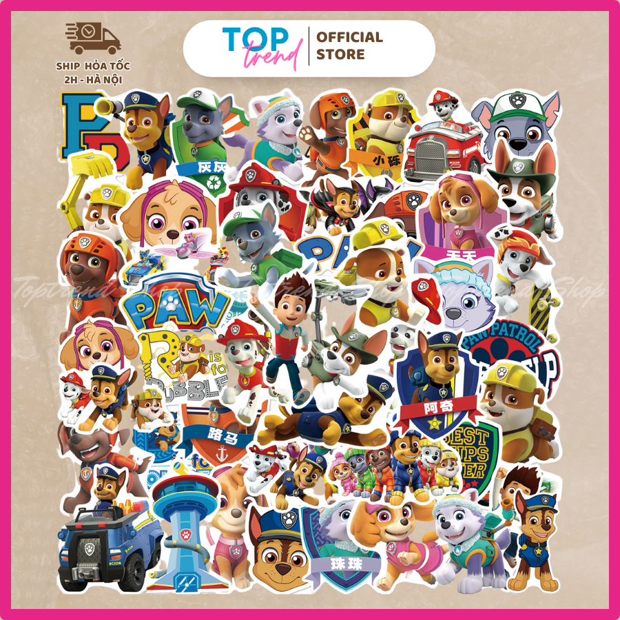 Sticker cute SET 50 TẤM đội chó cứu hộ, hình dán hoạt hình trang trí dễ thương cho bé, chống thấm nước - TOP TREND