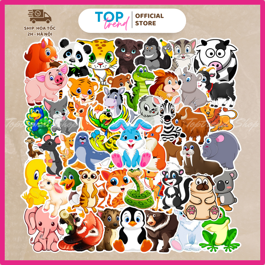 Sticker động vật cute SET 50 MIẾNG DÁN  chống thấm nước, trang trí sổ, mũ bảo hiểm, điện thoại, laptop - TOP TREND