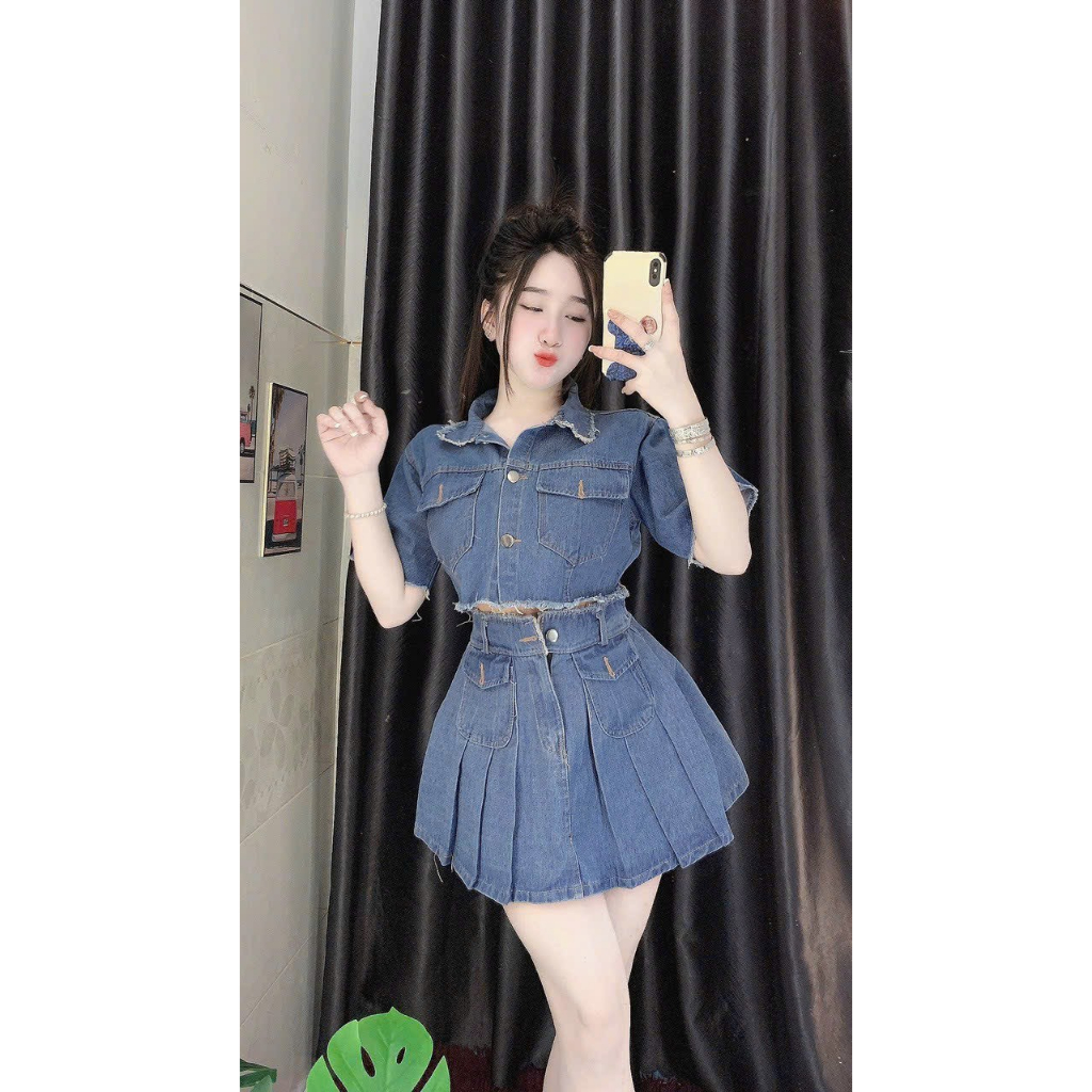 Set Áo croptop và Chân váy Jean tua rua YuRiKa Boutique - 2 Màu - Ảnh thật