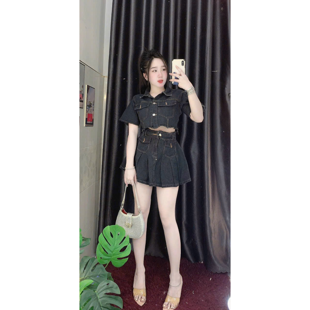 Set Áo croptop và Chân váy Jean tua rua YuRiKa Boutique - 2 Màu - Ảnh thật