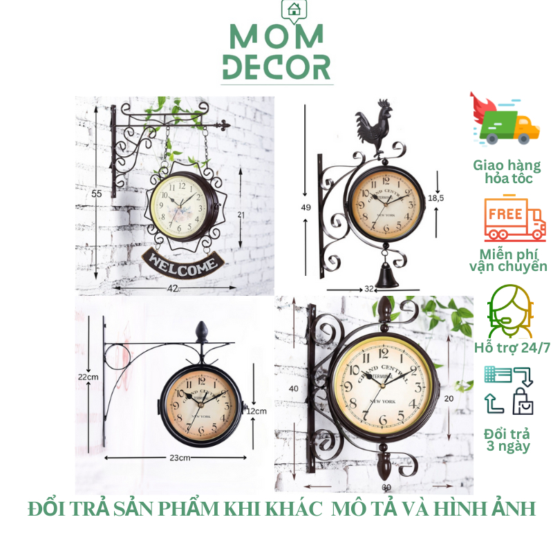 Đồng hồ treo tường 2 mặt màu đen cổ điển decor quán cafe nhà hàng quán rượu tân gia