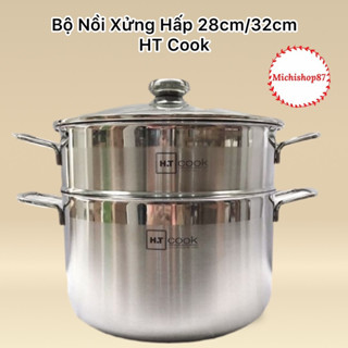 Bộ nồi xửng hấp 28cm HT Cook Nắp Kính Cao Cấp Dùng Cho Bếp Từ, Nồi Luộc Gà Inox 430 Loại Dầy Đẹp