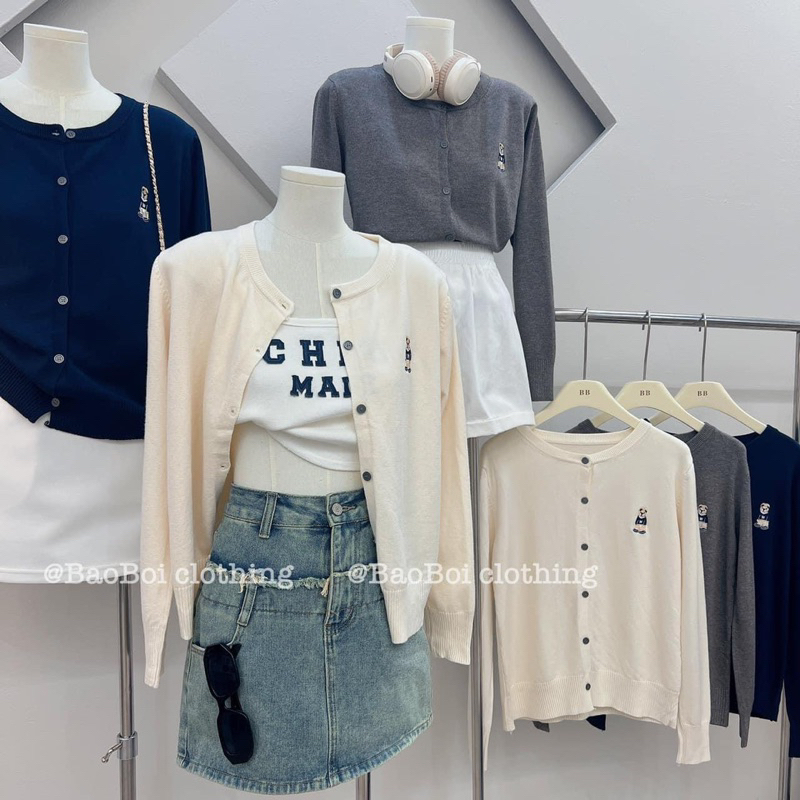 Áo cardigan thêu gấu len mịn - ảnh thật 4 màu