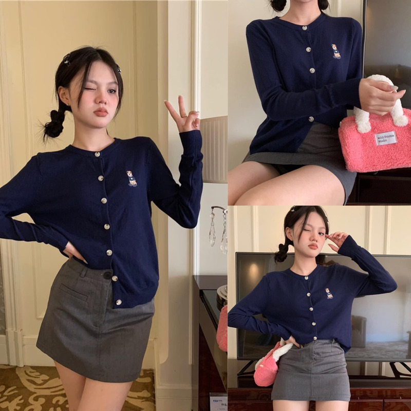 Áo cardigan thêu gấu len mịn - ảnh thật 4 màu