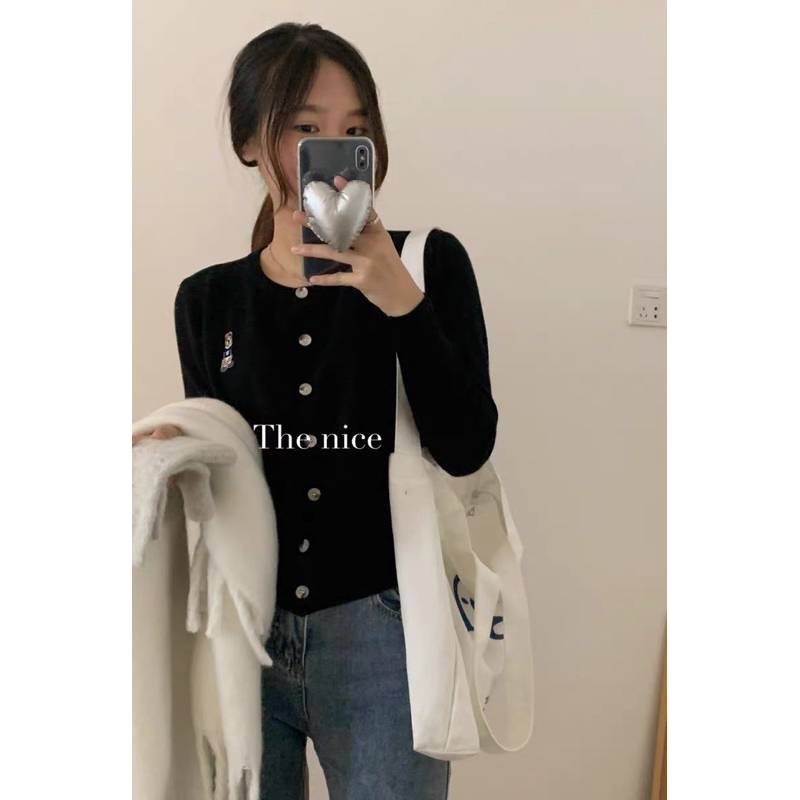 Áo cardigan thêu gấu len mịn - ảnh thật 4 màu