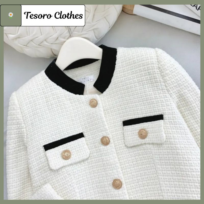 Set Dạ Tweed 2 Lớp Áo Khoác Dài Tay Cổ Tàu Dáng Croptop Mix Chân Váy Dáng A Hàng Thiết Kế Tesoro Clothes