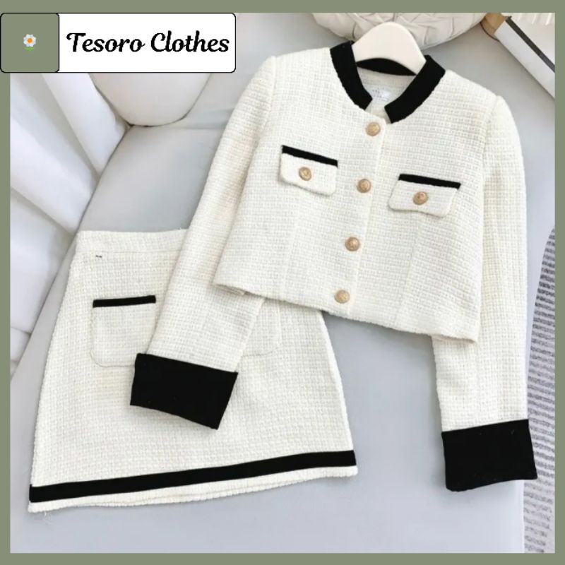 Set Dạ Tweed 2 Lớp Áo Khoác Dài Tay Cổ Tàu Dáng Croptop Mix Chân Váy Dáng A Hàng Thiết Kế Tesoro Clothes