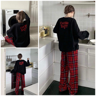 Set nỉ CALL ME BABY . Bộ đồ quần ống rộng Cullotes kẻ thô Kèm áo nỉ ngoại