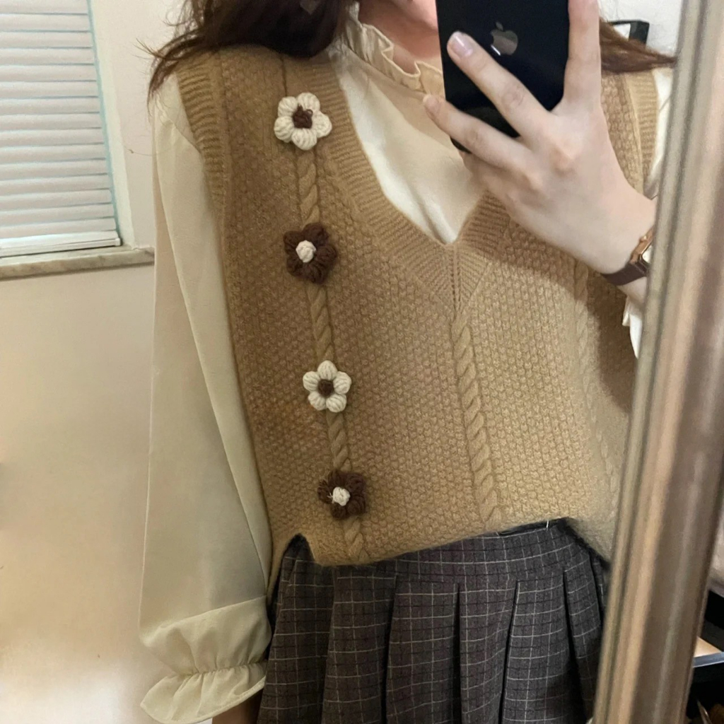 Áo gile len hàn quốc, áo dệt kim nữ không tay thêu hoa vintage GL057