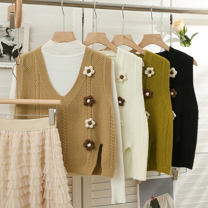 Áo gile len hàn quốc, áo dệt kim nữ không tay thêu hoa vintage GL057