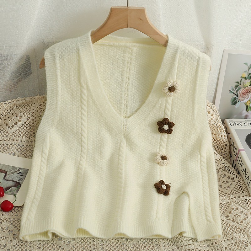 Áo gile len hàn quốc, áo dệt kim nữ không tay thêu hoa vintage GL057