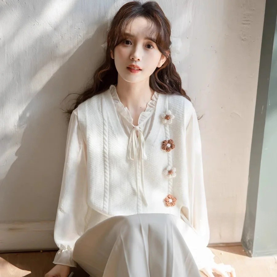 Áo gile len hàn quốc, áo dệt kim nữ không tay thêu hoa vintage GL057