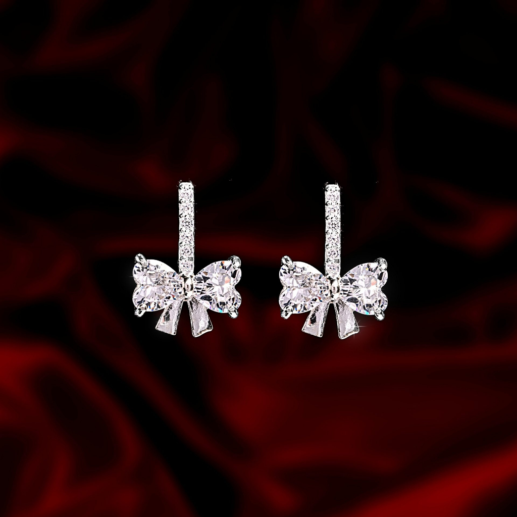 Khuyên Tai Nữ Kylan Silver KL0173 Nơ Đá Kim Cương Nhân Tạo Viền Đá Tấm 1.5ly