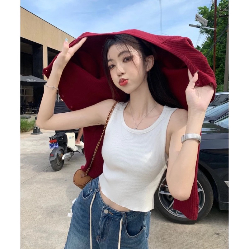 Áo khoác cardigan Herbi dài tay dáng ngắn màu đỏ in chữ phong cách hàn quốc thời trang nữ