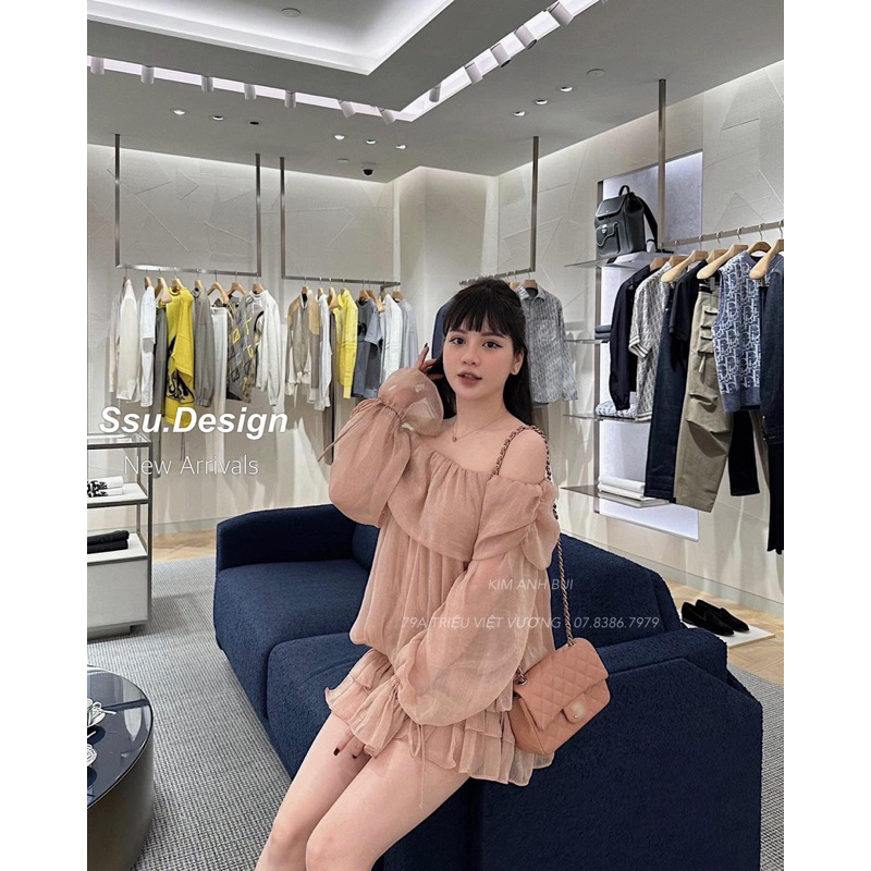 SET ÁO TƠ TRỄ VAI TAY CỘT NƠ BO CHUN EO MIX CHÂN VÁY XẾP TẦNG”SOEUL” tiểu thư