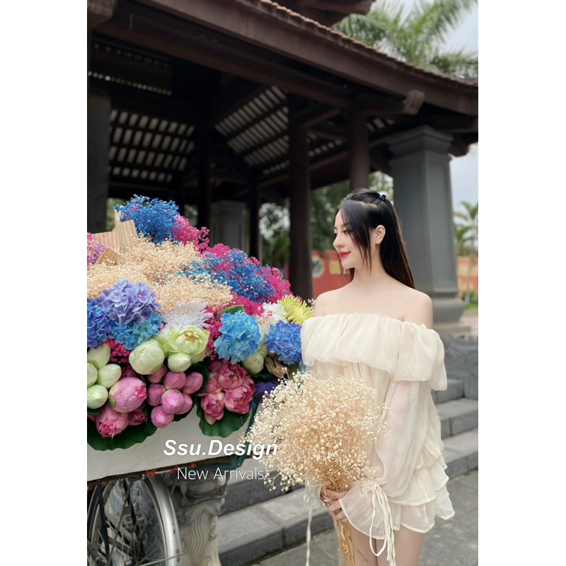 SET ÁO TƠ TRỄ VAI TAY CỘT NƠ BO CHUN EO MIX CHÂN VÁY XẾP TẦNG”SOEUL” tiểu thư