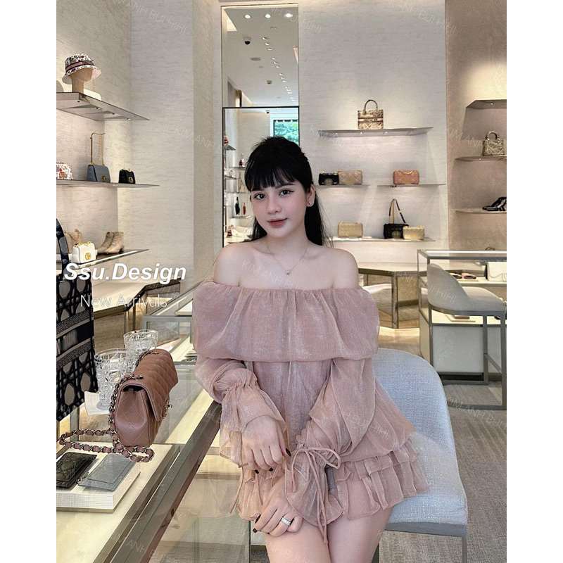 SET ÁO TƠ TRỄ VAI TAY CỘT NƠ BO CHUN EO MIX CHÂN VÁY XẾP TẦNG”SOEUL” tiểu thư