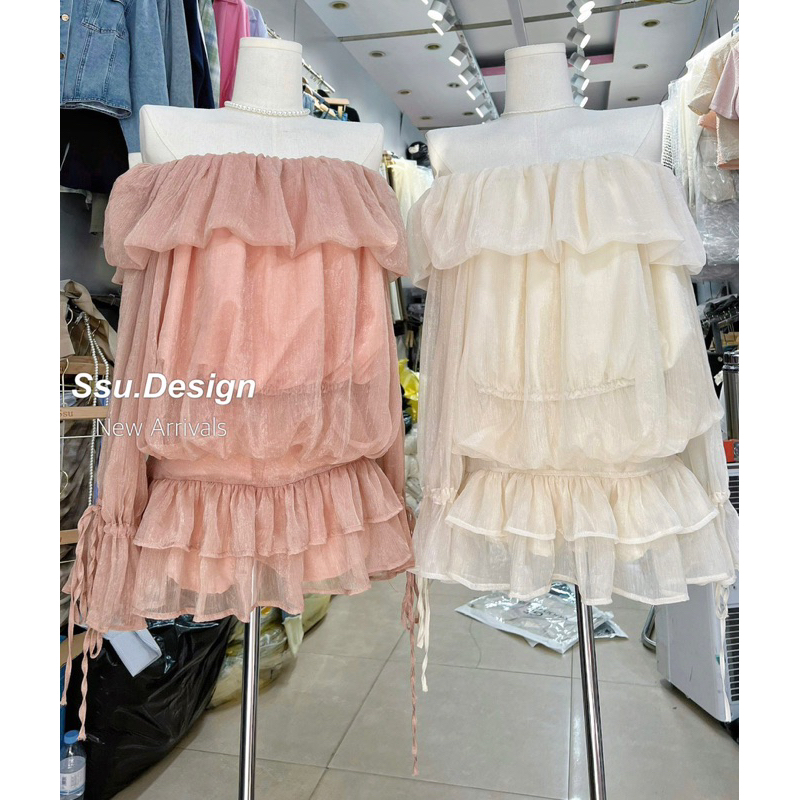 SET ÁO TƠ TRỄ VAI TAY CỘT NƠ BO CHUN EO MIX CHÂN VÁY XẾP TẦNG”SOEUL” tiểu thư