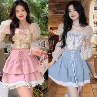 Set áo croptop phối voan dài tay phồng kèm chân váy hồng 2 tầng viền ren chic ulzzang SAM SAM BOUTIQUE
