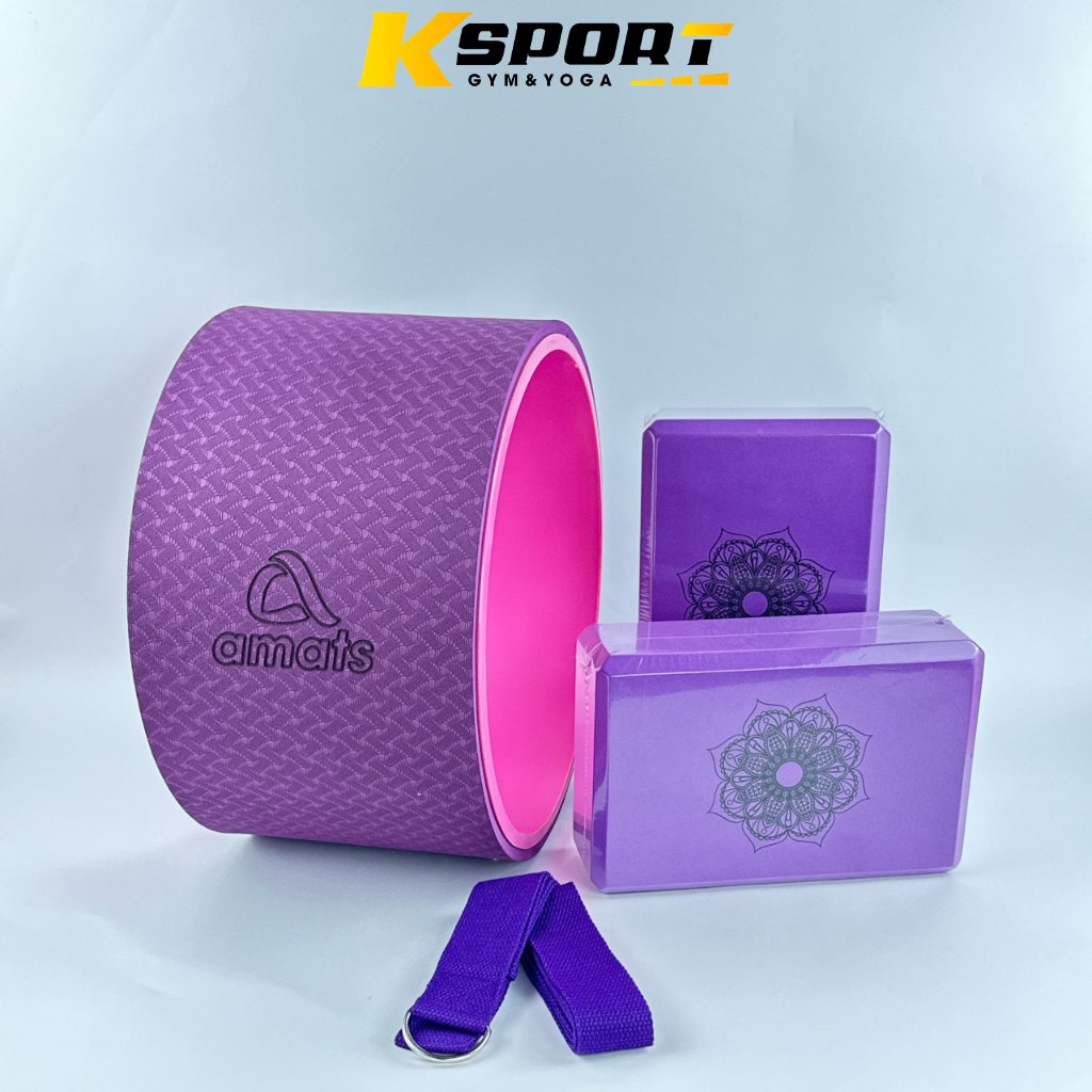 Combo  Vòng Tập Yoga bản 20cm, 2 gạch in hoa văn, 1 dây cotton 1m8 hỗ trợ tập Yoga