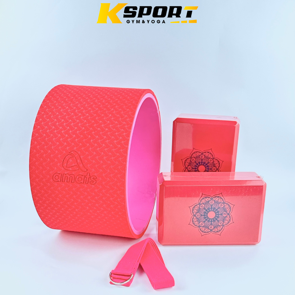 Combo  Vòng Tập Yoga bản 20cm, 2 gạch in hoa văn, 1 dây cotton 1m8 hỗ trợ tập Yoga
