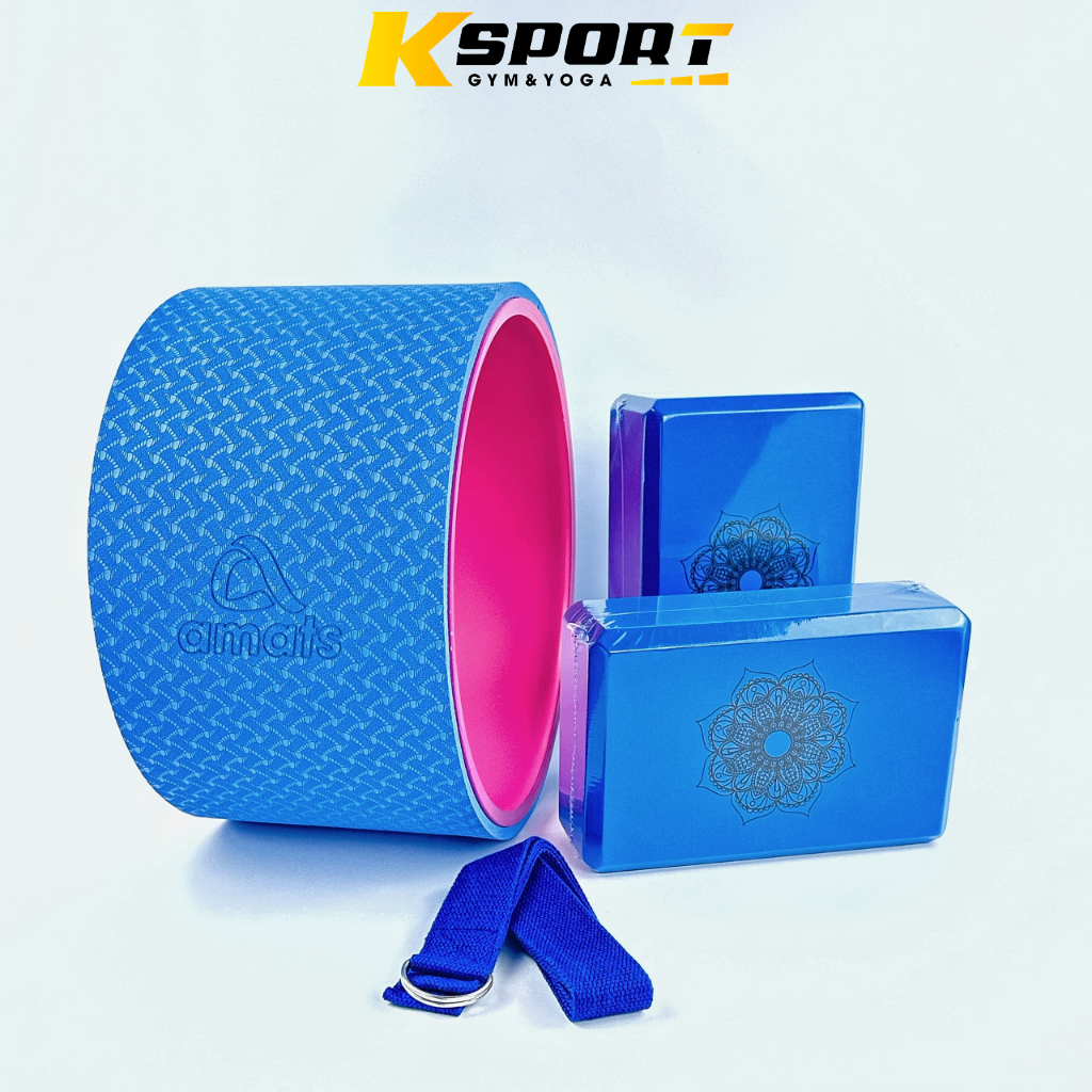 Combo  Vòng Tập Yoga bản 20cm, 2 gạch in hoa văn, 1 dây cotton 1m8 hỗ trợ tập Yoga