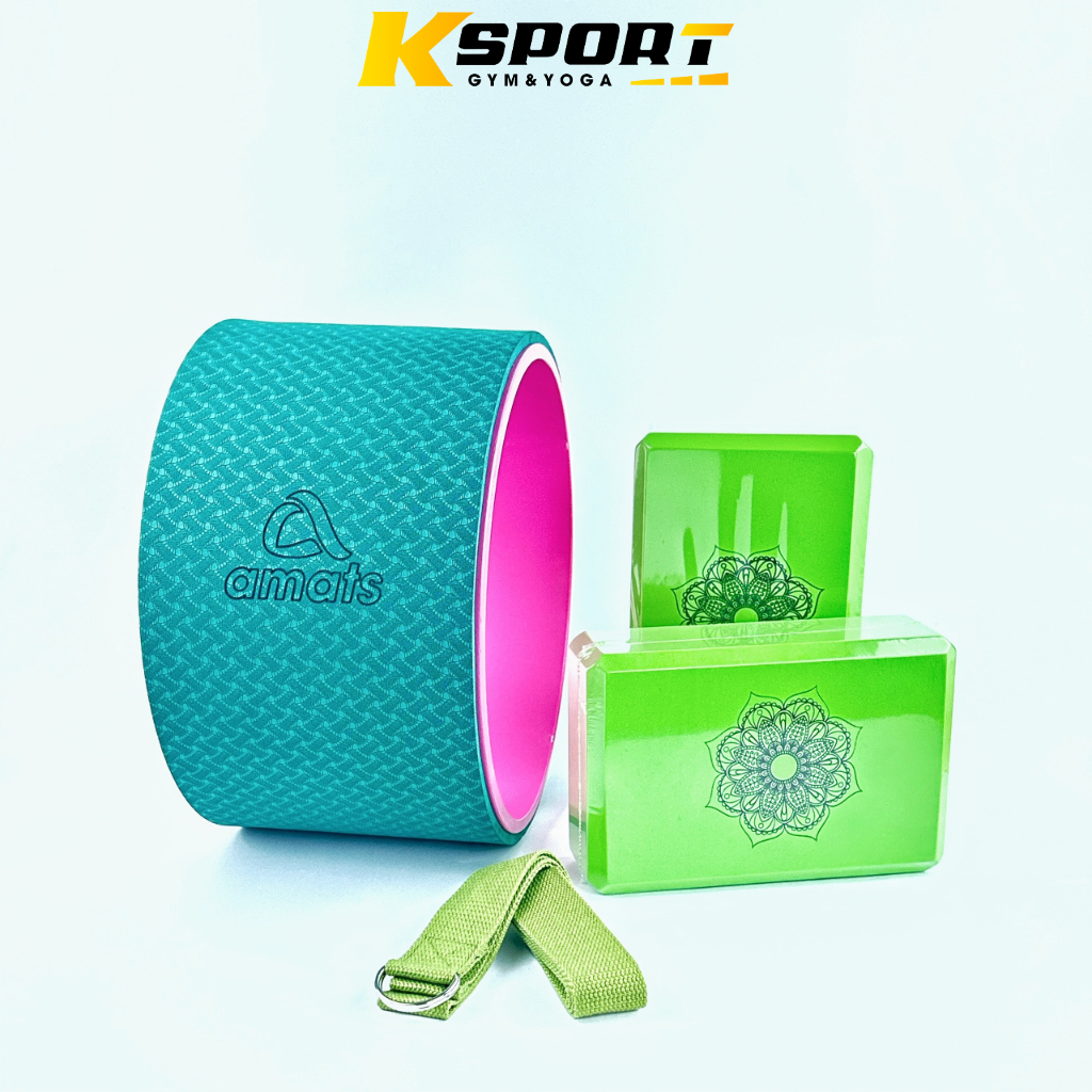 Combo  Vòng Tập Yoga bản 20cm, 2 gạch in hoa văn, 1 dây cotton 1m8 hỗ trợ tập Yoga