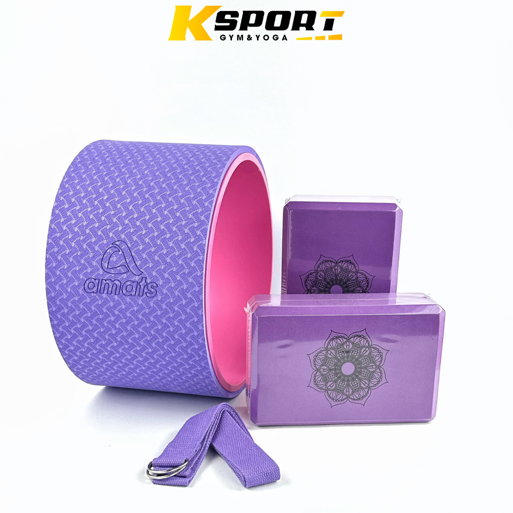 Combo  Vòng Tập Yoga bản 20cm, 2 gạch in hoa văn, 1 dây cotton 1m8 hỗ trợ tập Yoga