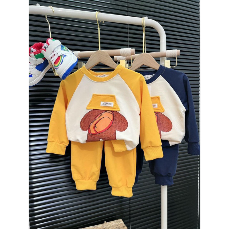 Quần áo thu đông bé trai, set bộ quần áo dài tay chất da cá họa tiết gấu đội mũ vàng cho bé 8-30kg