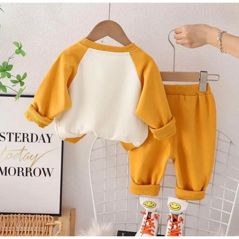 Quần áo thu đông bé trai, set bộ quần áo dài tay chất da cá họa tiết gấu đội mũ vàng cho bé 8-30kg