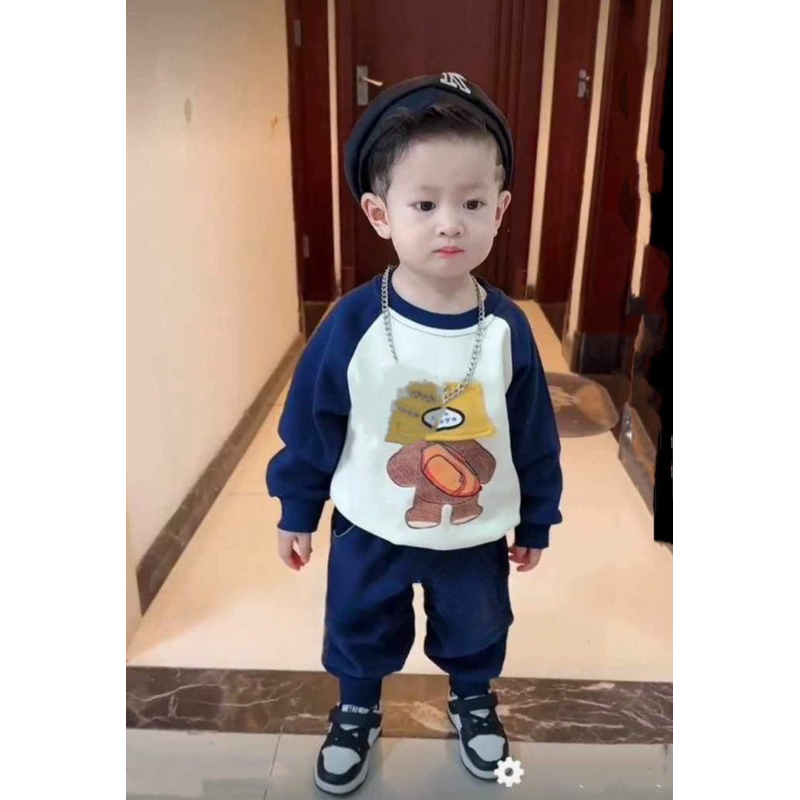 Quần áo thu đông bé trai, set bộ quần áo dài tay chất da cá họa tiết gấu đội mũ vàng cho bé 8-30kg