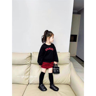 Bộ bé gái,Sét áo đen sweater chân váy dạ kẻ đỏ 8 đến 30kg