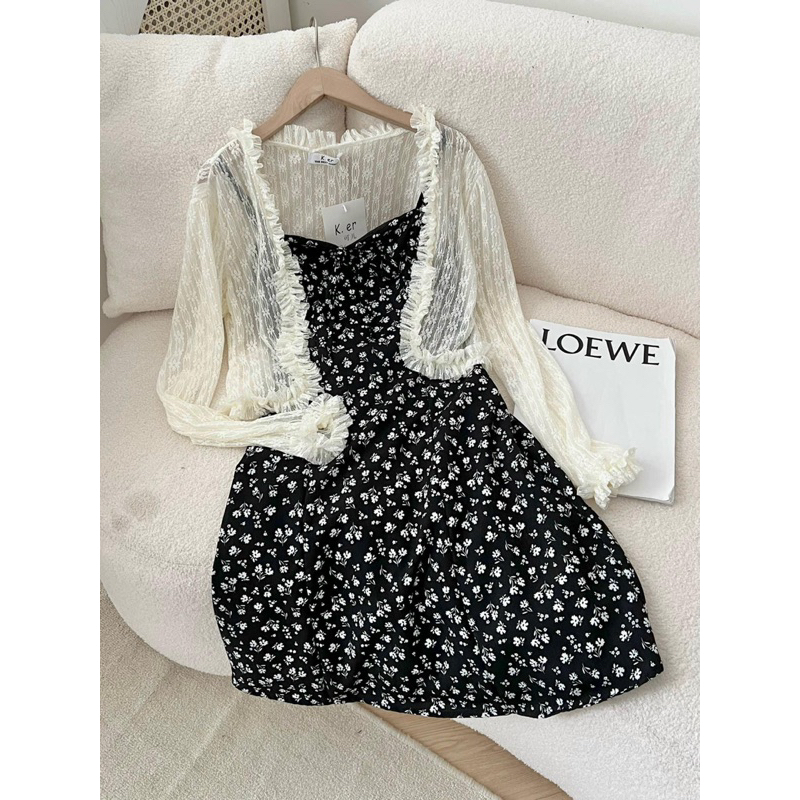 Set đầm váy 2 dây hoa khoác cardigan bèo