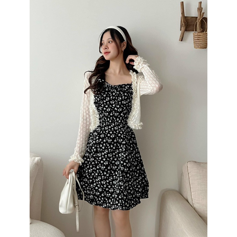 Set đầm váy 2 dây hoa khoác cardigan bèo
