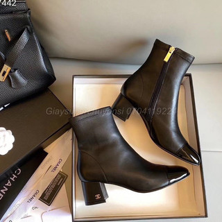 bốt cn gót thấp ,boot chane.l da khoá kéo bít mũi fullbox