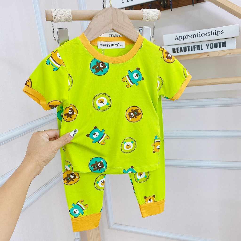 Bộ  Tay Ngắn Quần Dài Minkey Baby Chất Thun Lạnh In Họa Tiết Hoạt Hình Dể Thương Cho Bé Trai -Bé Gái