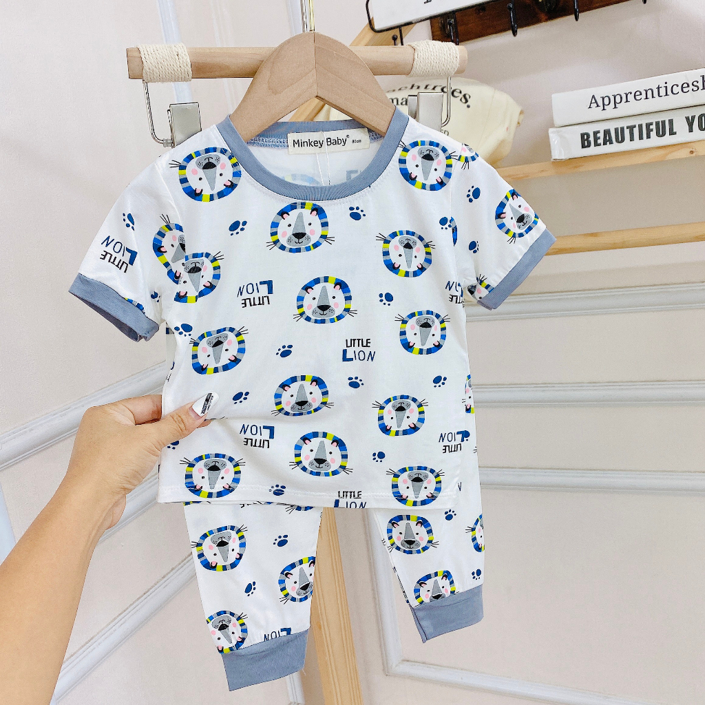 Bộ  Tay Ngắn Quần Dài Minkey Baby Chất Thun Lạnh In Họa Tiết Hoạt Hình Dể Thương Cho Bé Trai -Bé Gái