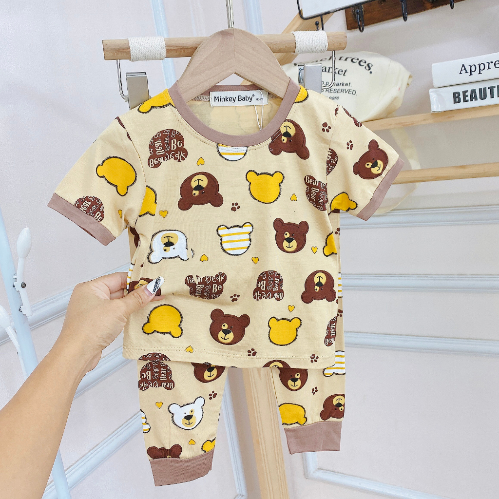 Bộ  Tay Ngắn Quần Dài Minkey Baby Chất Thun Lạnh In Họa Tiết Hoạt Hình Dể Thương Cho Bé Trai -Bé Gái